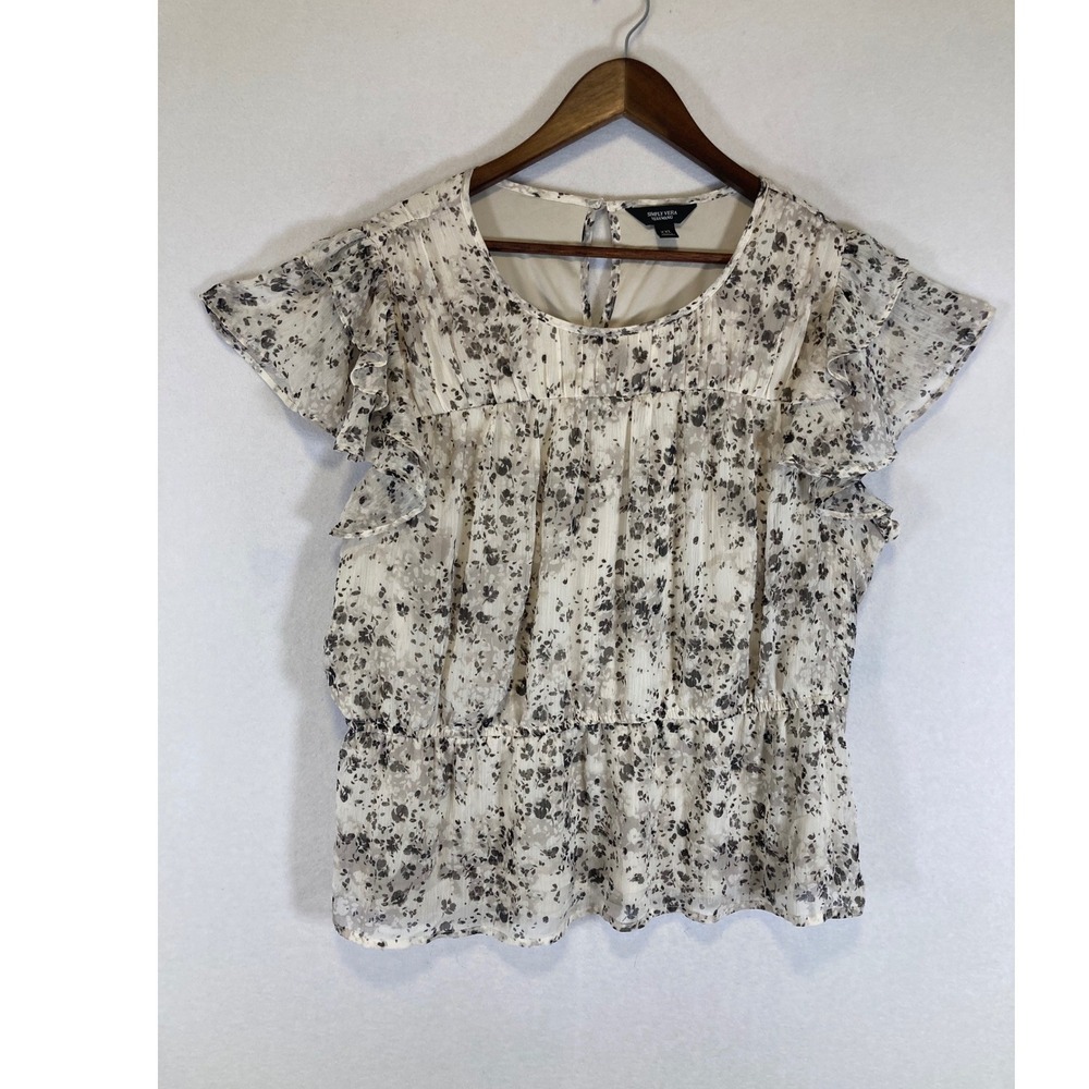 Cottagecore Simply Vera Vera Wang Women XXL Cream Black Floral Ruffle Peplum Top